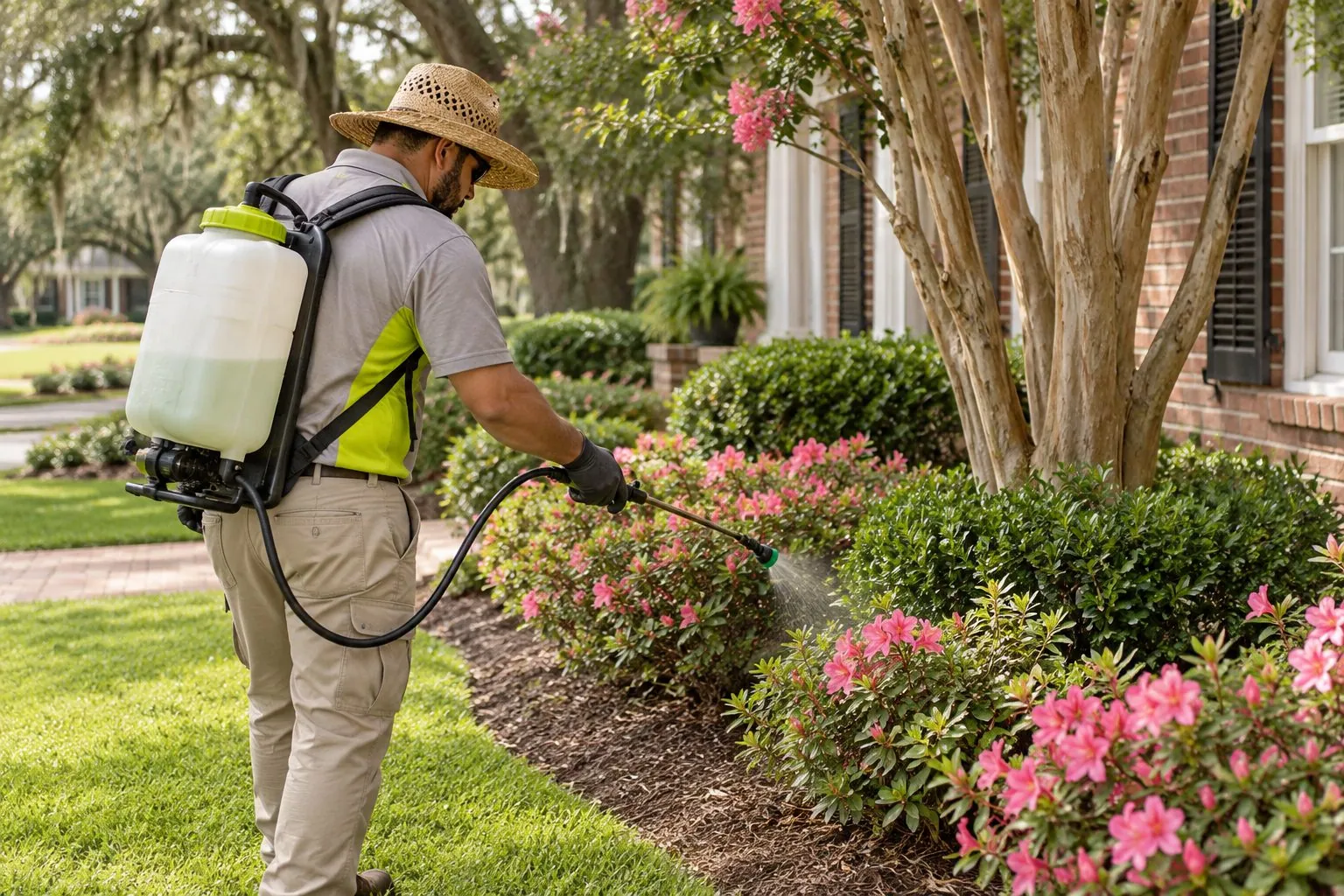 Technician treating azaleas and boxwoods during a plant health care visit in Baton Rouge, LA