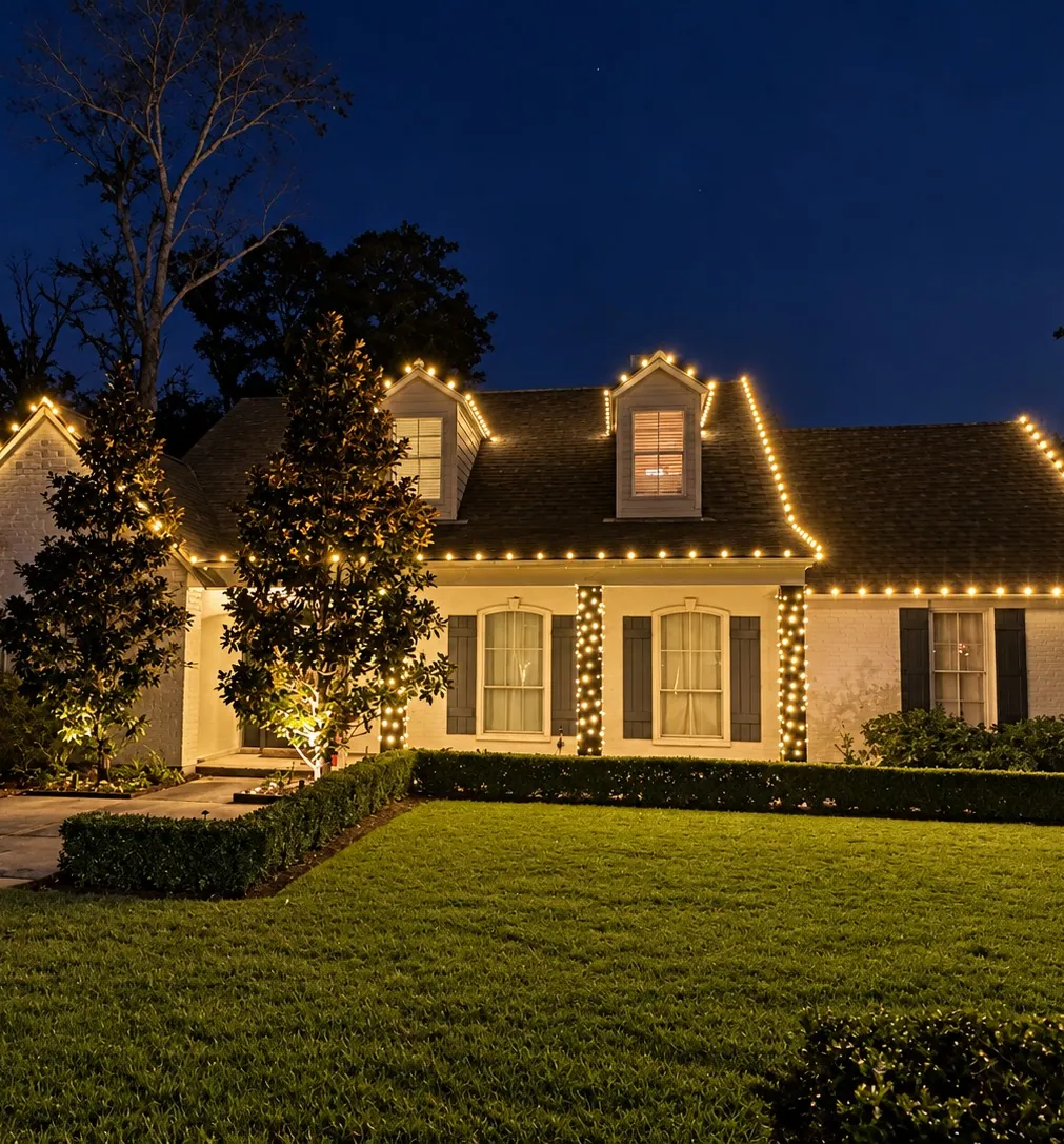 Home at night with Christmas lights along the roofline and dormers, lit columns and wrapped magnolia trees in Baton Rouge, LA