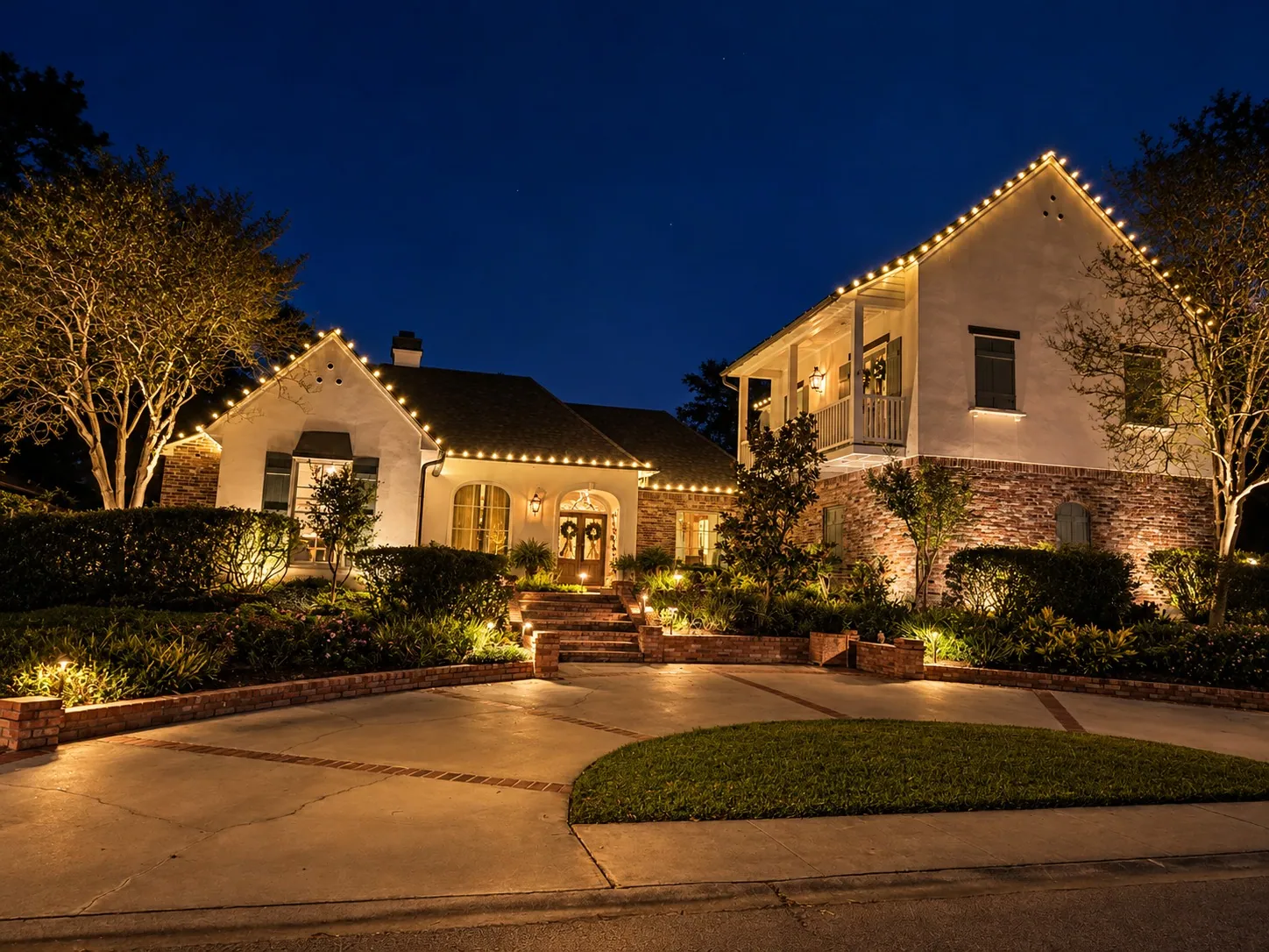 Two-storey home at night with white Christmas lights along every roofline and landscape lighting in the beds