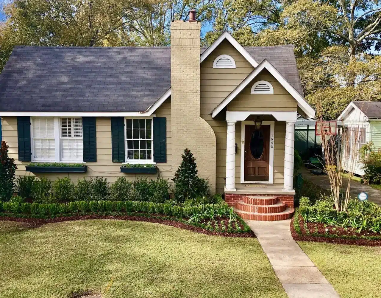 Finished front landscape on a cottage-style home in Walker, LA